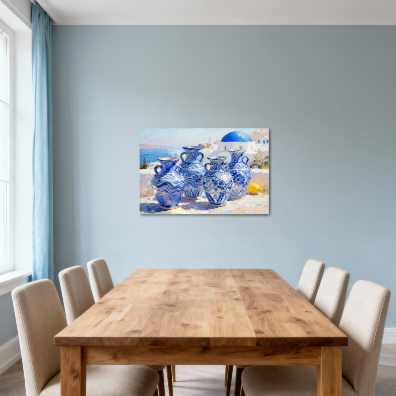 Vases en céramique bleu et blanc tendance avec vue sur la mer, H 12 po x l 18 po