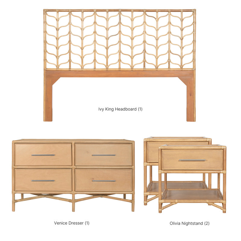 Ivy Four Piece Bedroom Set, 4 Pcs: Headboard, Dresser, 2 Nightstands, Natural, King