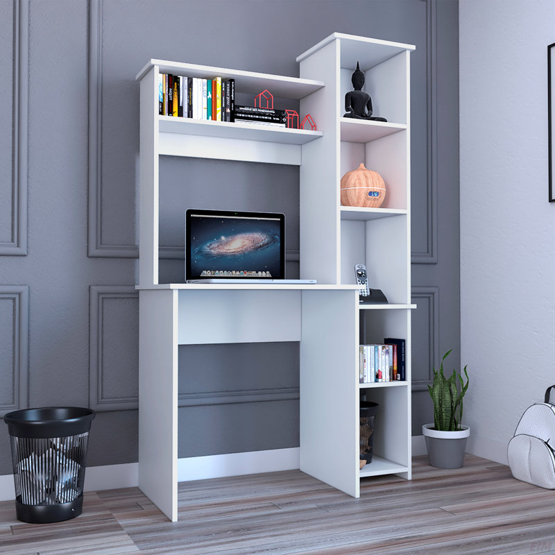 Bureau d'écriture Versalles, deux tablettes supérieures, cinq casiers (bureau), Blanc
