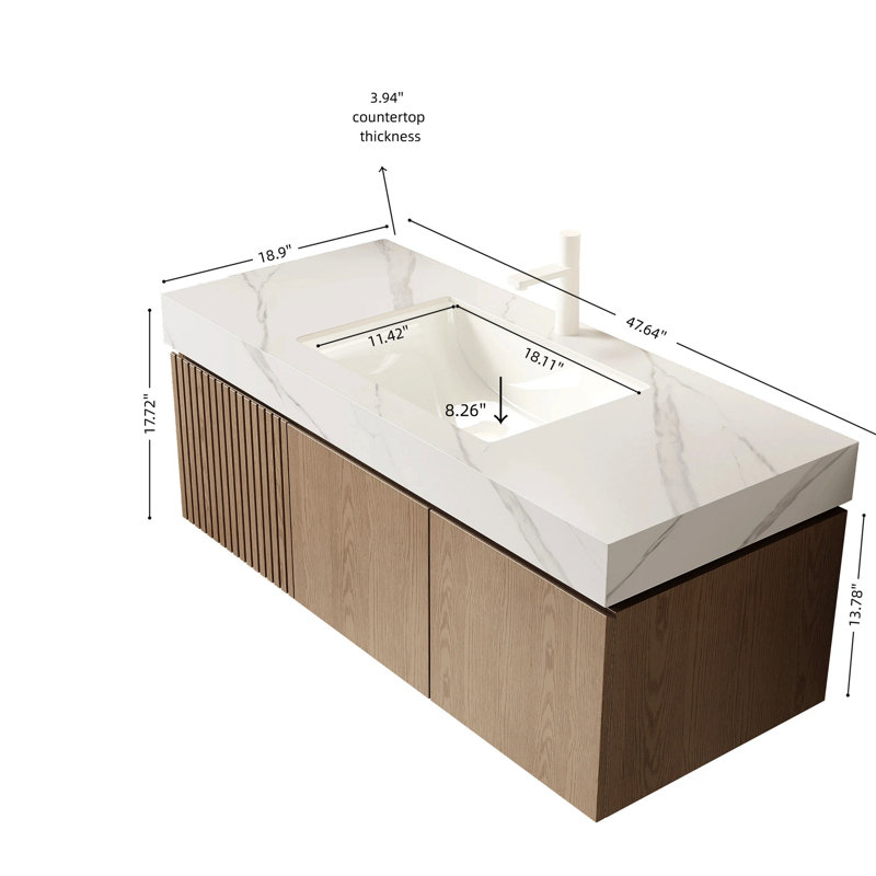 Meuble-lavabo de 48 po avec pierre frittée blanche, cuve en céramique, rangement en contreplaqué flottant, tiroir et portes, pré-assemblé, facile à utiliser
