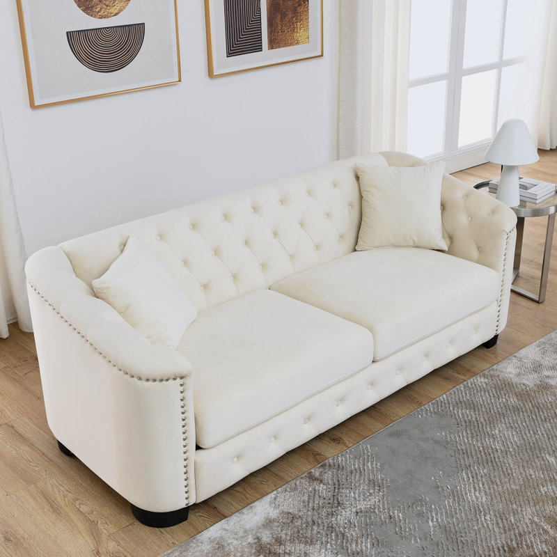 Hafid 76.89'' Velvet Sofa, Beige Velvet, 30" H x 77" W x 31.5" D