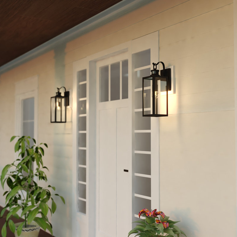 Clinton 18.25 In. H 1-Light Matte Black Motion Sensor Dusk To Dawn Outdoor Wall Sconce, Durable Steel, Clear Glass Shade, LED Compatible, Use For Exterior Porch Patio Front Door Or Garage