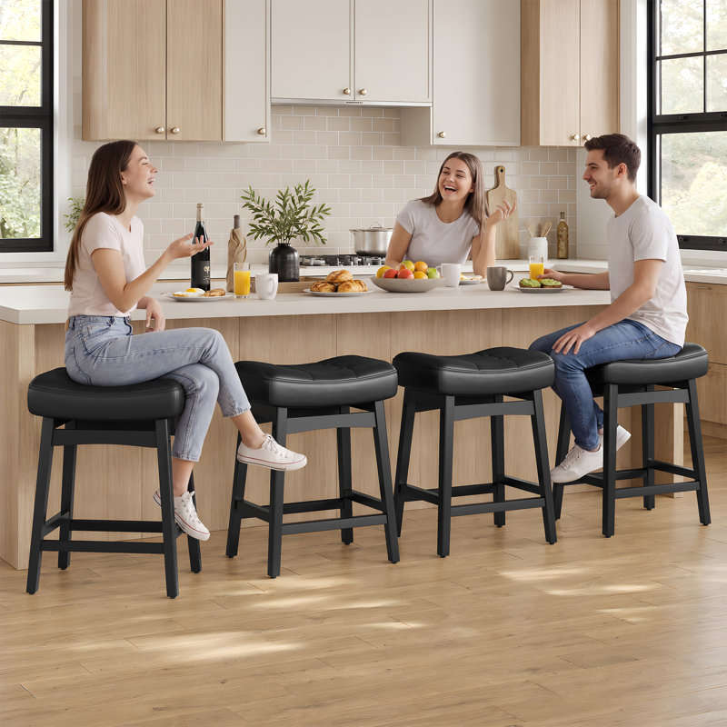 Tabouret de bar rembourré en forme de selle avec cadre en bois massif (ensemble de 3), noir simili cuir / Noir, 3