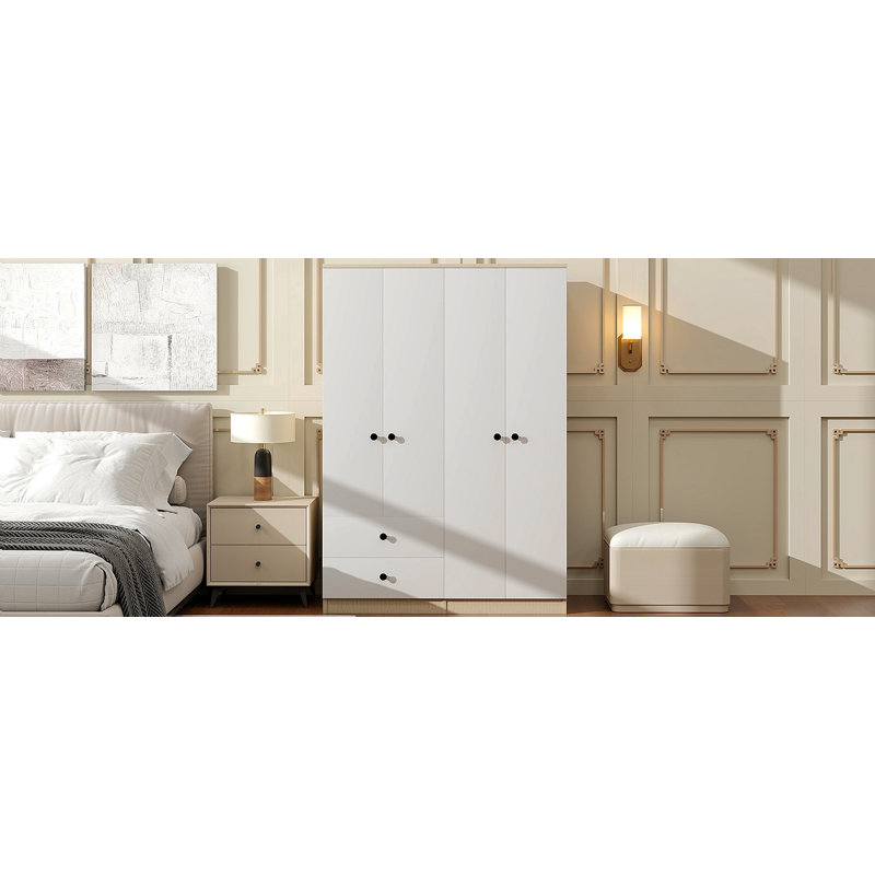 Garde-robe 4 portes avec tiroirs, tablette et tringle, blanc
