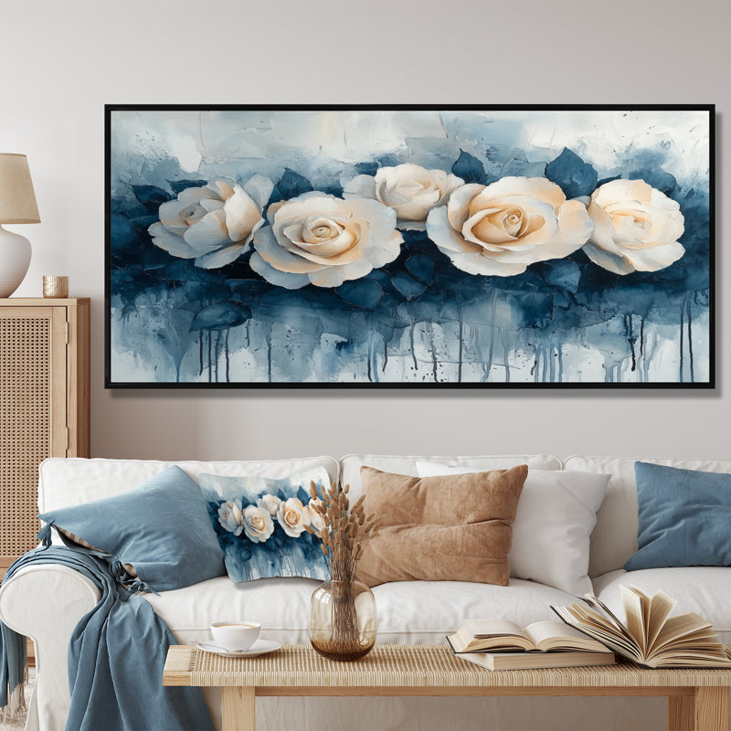 Elegant Aqua Winter Roses Elegance - Roses, art mural, H 28 po x l 60 po, Impression encadrée flottante, Noir