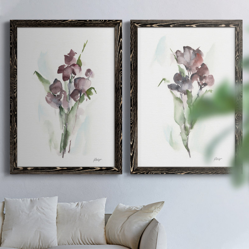 Plum Bouquet I - Ensemble de 2 reproductions d'art, H 37,5 po x l 55 po x P 1,5 po, Toile avec cadre noir, Pas de tapis