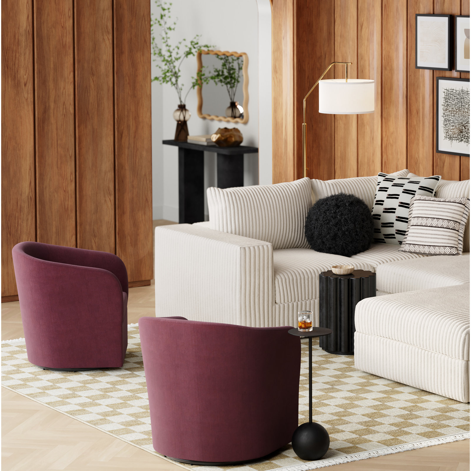 Lesia Upholstered Swivel Barrel Chair, Luxe Raisin Velvet