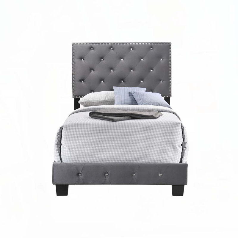 Lit rembourré en velours avec tête de lit capitonnée, Gris, Lit simple