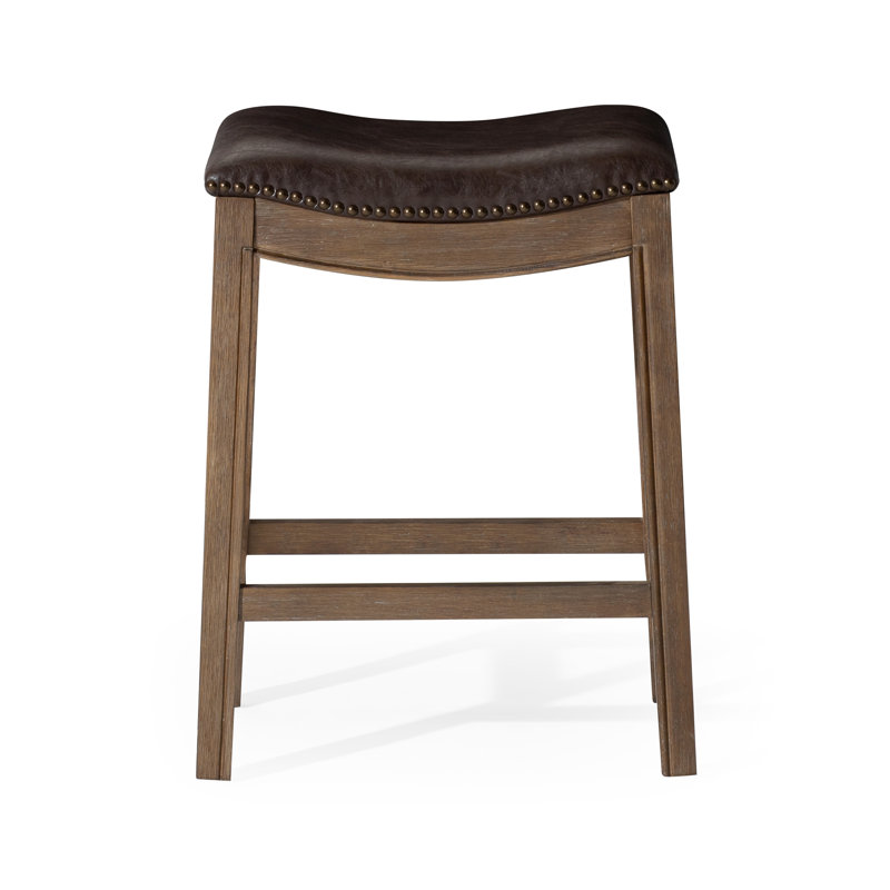 Maven Lane Adrien Backless Saddle Stool with Faux Leather Upholstery, Counter Stool (26" Seat Height), Marksman Saddle/Walnut