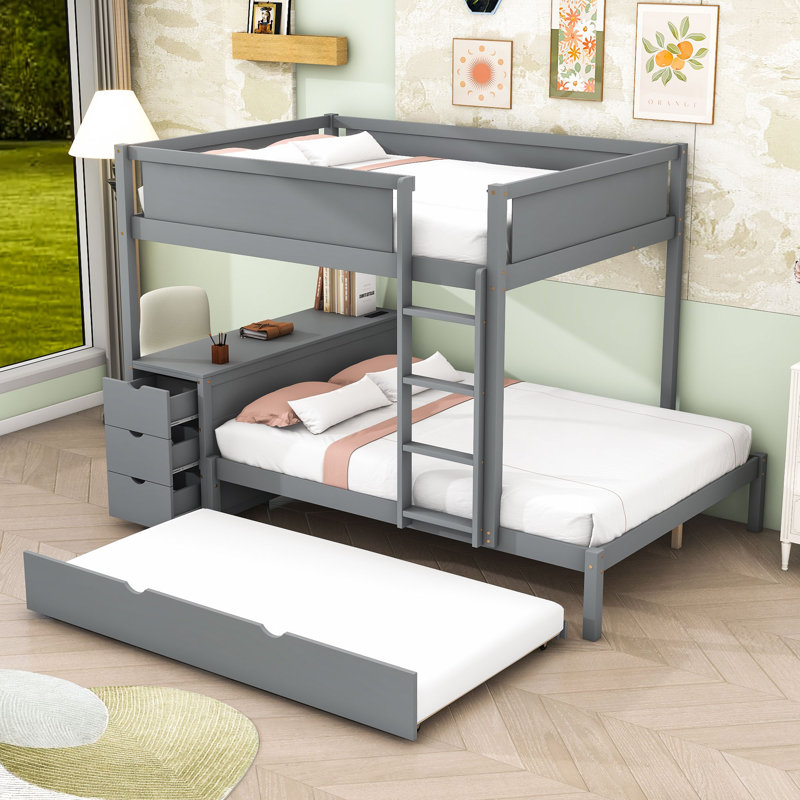 Kaleis Bunk Bed With Storage Drawers, Outlets, USB Ports And Safety Guardrails, Gray, Full Over Full