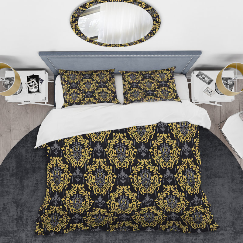 Damas noir et doré - ensemble de housse de couette abstrait - microfibre de polyester