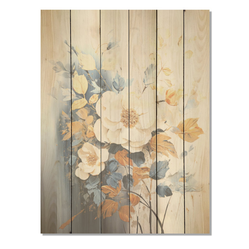 Rêve de fleurs dorées et blanches dorées - art saisonnier sur bois de pin naturel, H 32 po x l 24 po