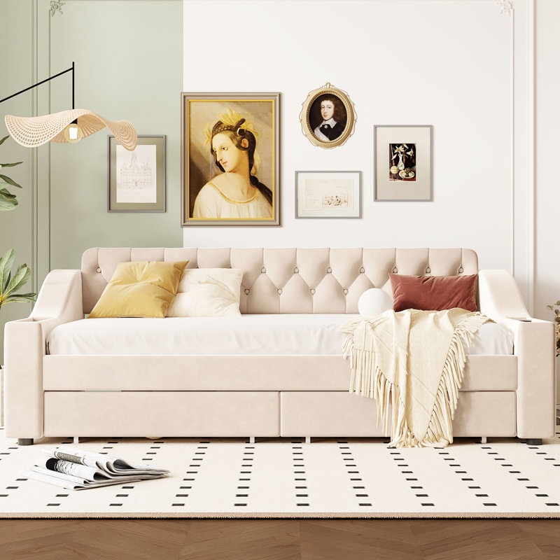 Lit de jour simple avec rangement pour accoudoirs et tissu d'ameublement beige