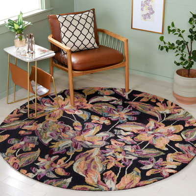 Kehler Hand Tufted Wool/Cotton Floral Rug in Black/Plum