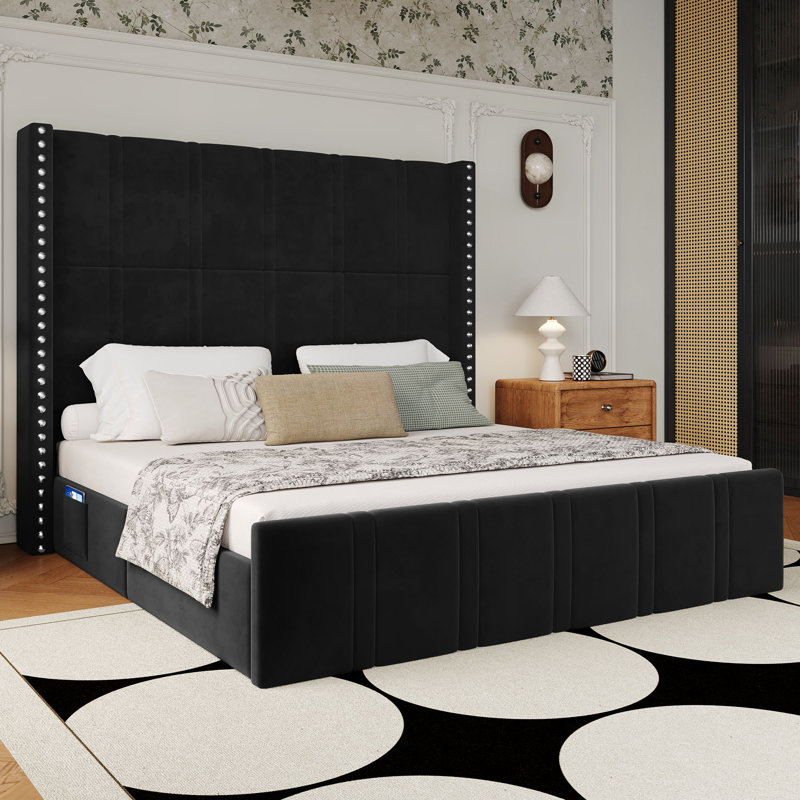 Modern Upholstered Platform Bed Frame, No Box Spring Required, Black, King