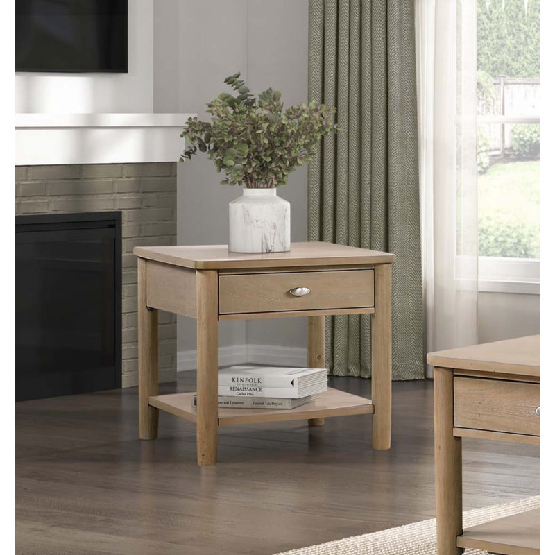 Table basse en bois avec tiroir, tablette ouverte