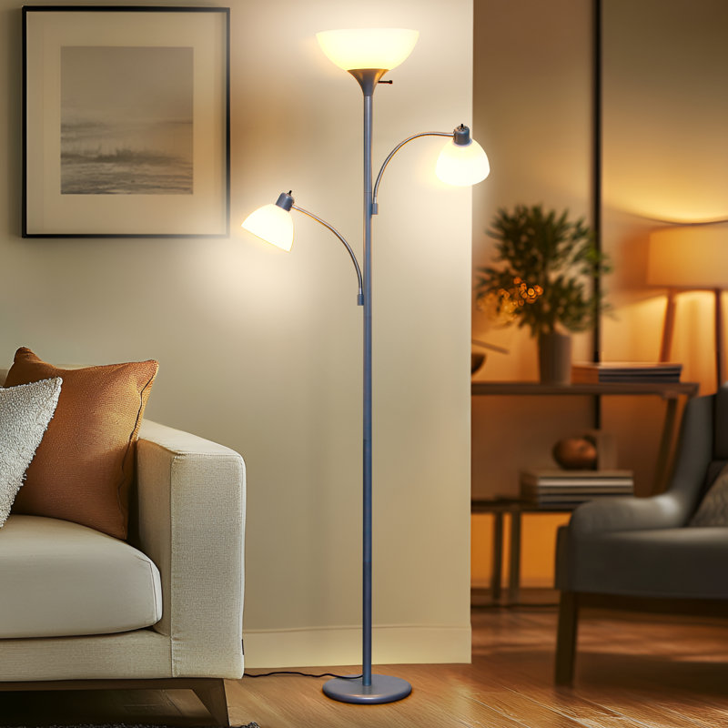 Sky Dome Double 72 in. Industrial 3-Way Dimming LED Silver Floor Lamp with 3 Versatile Adjustable Bowl Shades, Silver
