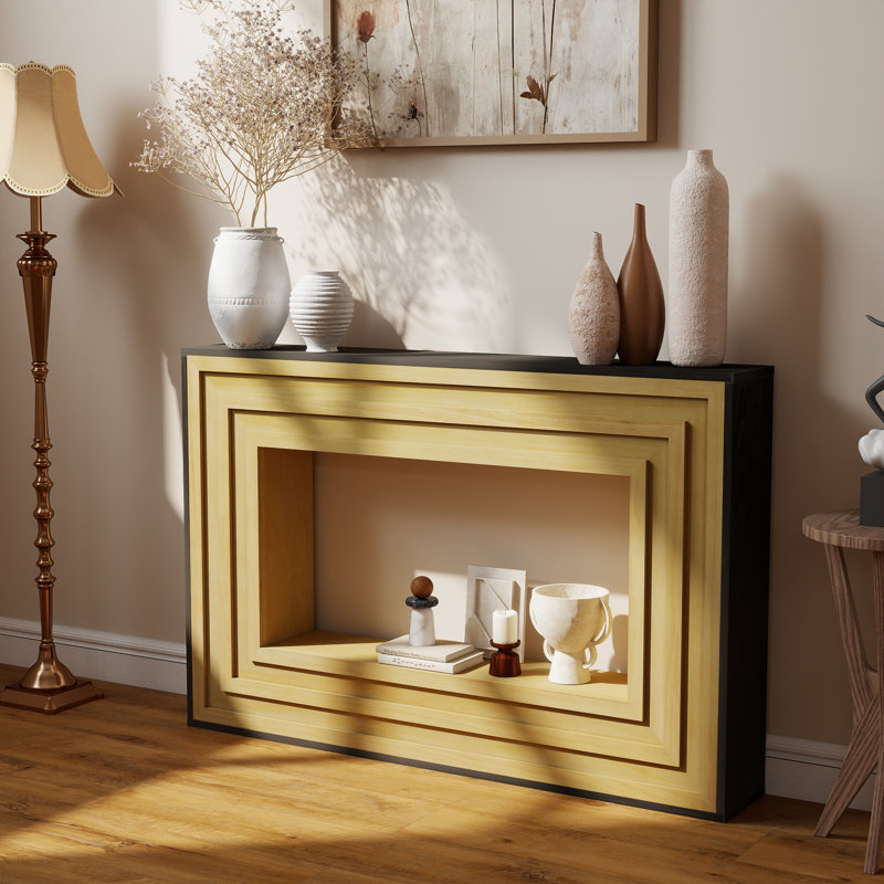 Modern Contrast Console Table With Layered Wood Frame And Black Top