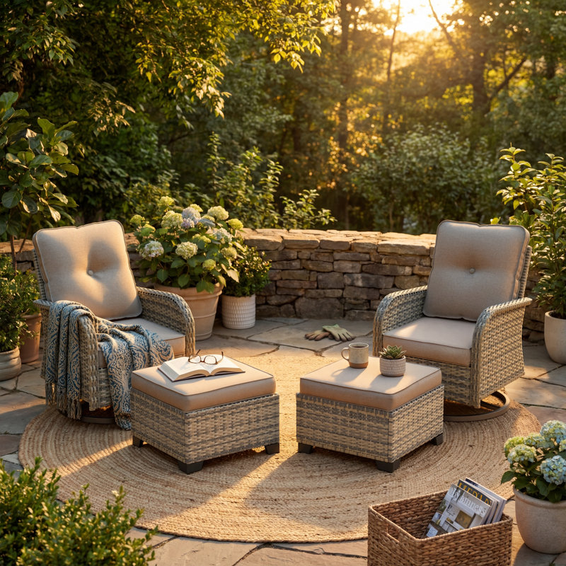 4-Piece Outdoor Swivel Rocker Chair Set With Cushions And Ottomans, Taupe