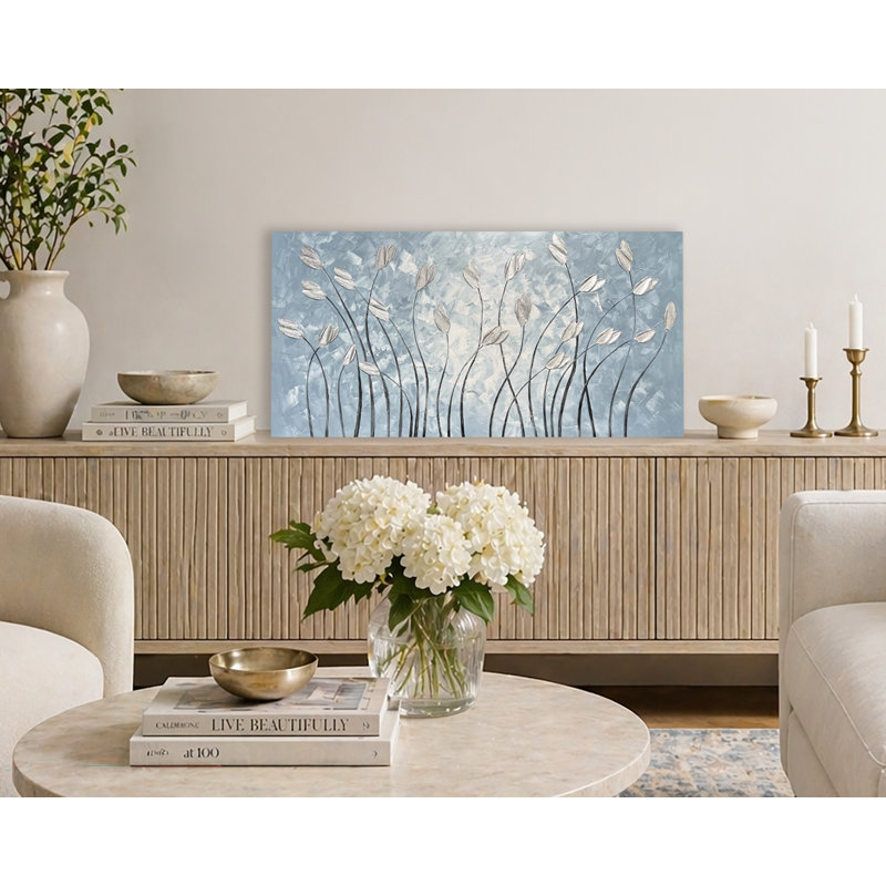 Textured Abstract Botanical Canvas Wall Art with Silver Leaves, Hand Painted Acrylic Blue Neutral Modern Wall Décor