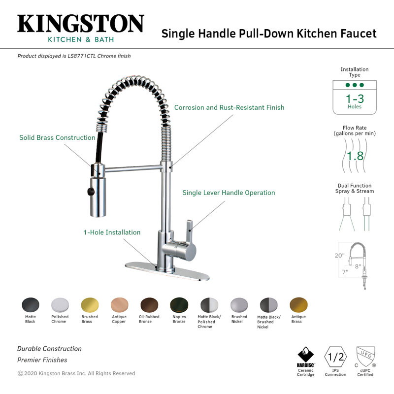 Robinet de cuisine monocommande à 1 trou à fixation sur comptoir Kingston Brass Continental, Bronze huilé