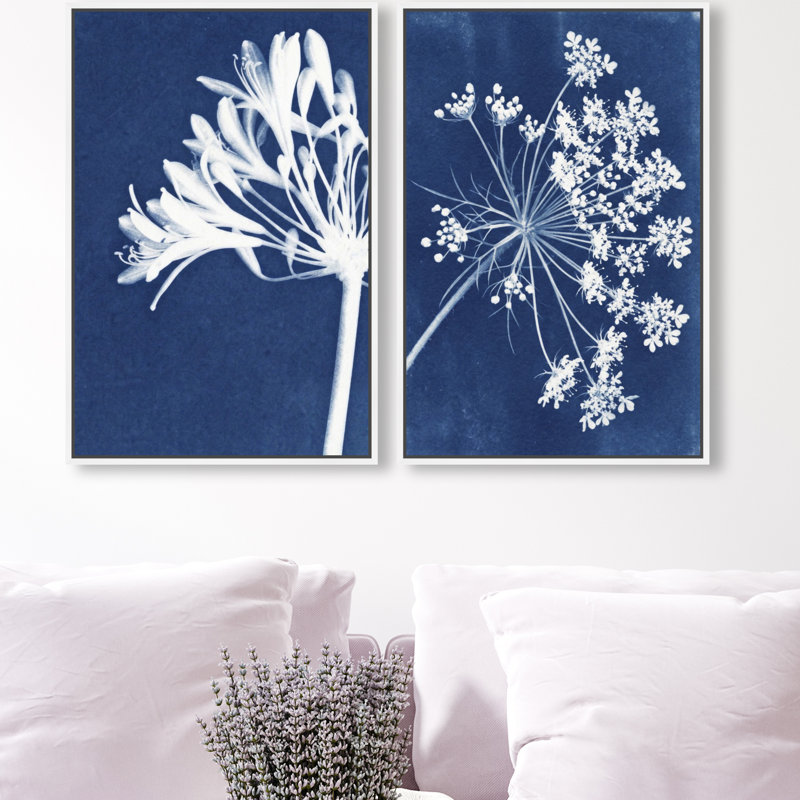Cyan Flowers Set Set by Oliver Gal, 17"H x 25"W, White Floater Frame