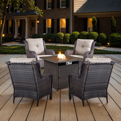 Bonia Outdoor 5-Pieces PE Wicker Patio Chair Set with Fire pit and Cushions