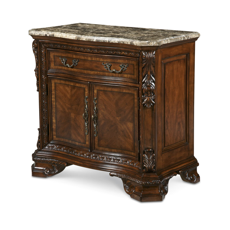 Old World Pomegranate Brown Marble Top Nightstand with Hidden Storage