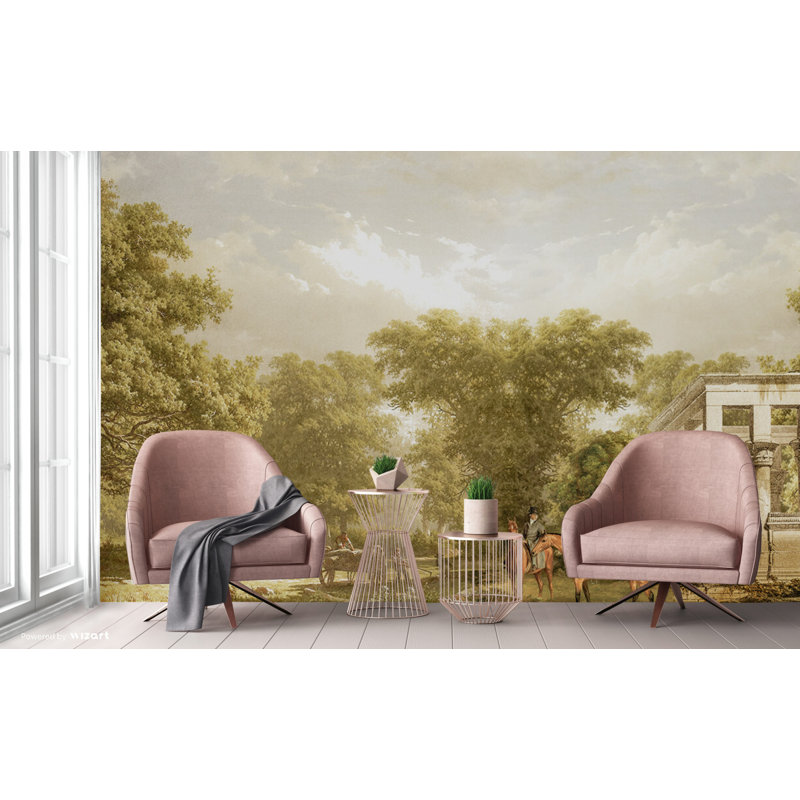 Murale de campagne pittoresque avec ruines classiques, Vert foncé, L 66 po x l 122 po