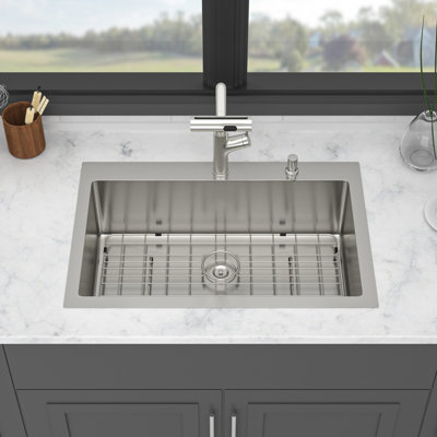30-inch Drop-in Kitchen Sink With Pull-out Faucet, Soap Dispenser, And Bottom Grid - 16 Gauge T304 Stainless Steel Single Bowl Topmount Basin 41 Multi Faucet 360 Swivel Rotation, X-shaped Water Guide