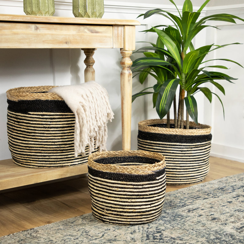 Set Of 3 Tan And Black Striped Seagrass Storage Baskets With Braided Trim 17"