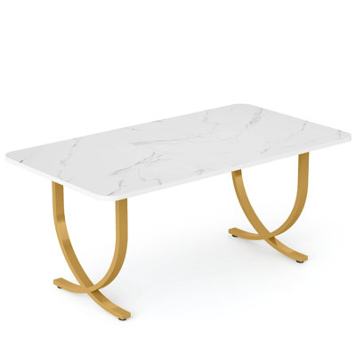Dining Table, Modern Geometric Gold Metal, 63 Inch White Faux Marble