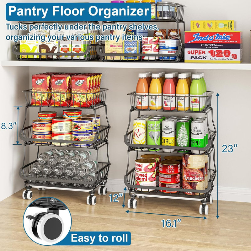 Three Layer Wheeled Rolling Food Storage Room Sorting Rack, Black
