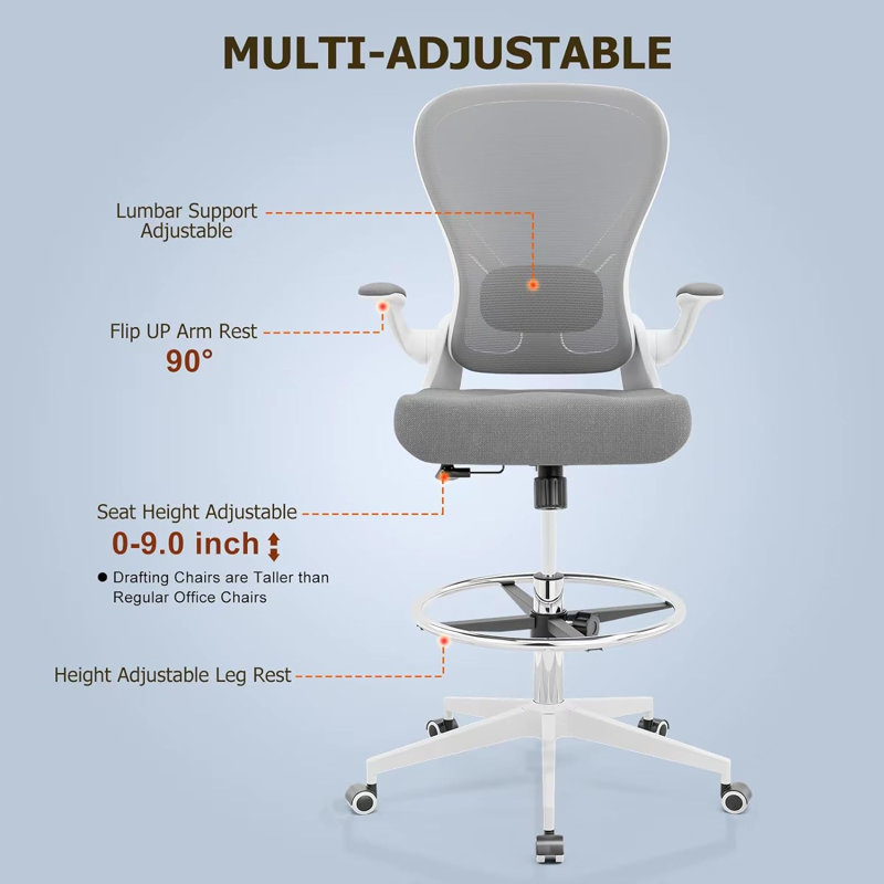 Milahni Ergonomic Drafting Chair, White, Gray