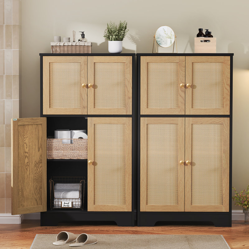 Armoire de rangement Jussiah avec 4 portes et tablette réglable, Noir / naturel