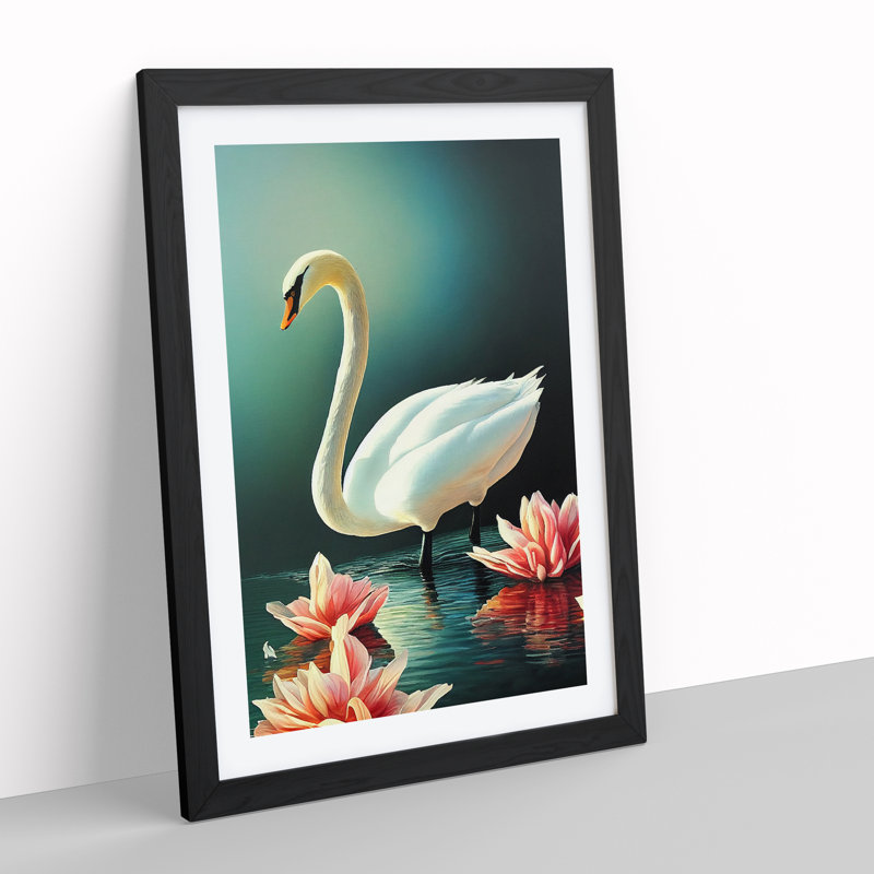 Swan In A Lily Pond - Single Picture Frame Print, Black Framed, 64cm H x 46cm W x 2cm D