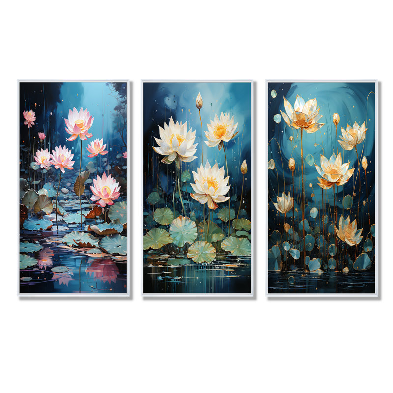 Ensemble de salle de séjour sur toile Lotus, H 28 po x l 36 po, Cadre flottant blanc