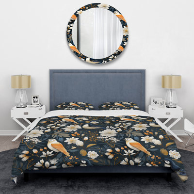 Blooming Scandinavian Bird Elegance - Ensemble de housse de couette à motif floral