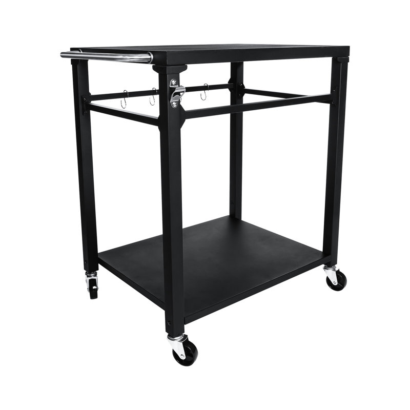 Chariot de barbecue roulant noir avec 2 roues verrouillables et crochets porte-ustensiles, idéal pour les repas en plein air. Étagères spacieuses pour une organisation optimale de la cuisson, support pour four à pizza, grand espace de rangement pour les accessoires de barbecue.