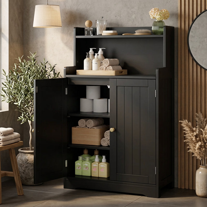 Armoire de salle de bain autoportante Gizoon avec tablette réglable et niche, Noir