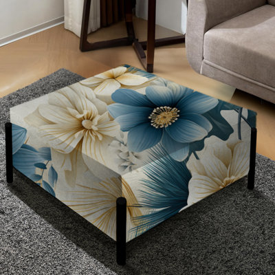 Beige et bleu Escape Flowers I - Grand repose-pieds carré floral