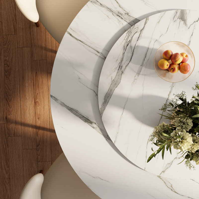 Round Dining Elegant Sintered Stone Table Set With Rotating Lazy Susan And 6 Upholstered PU Chairs For 4-8, White