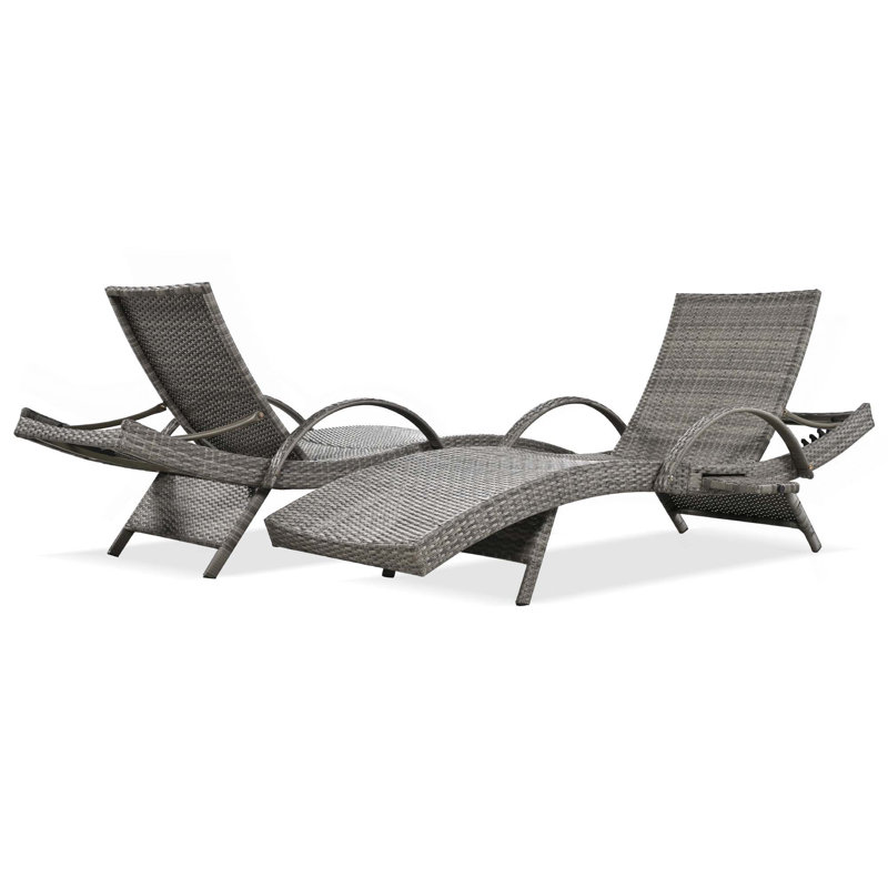 80'' Outdoor Wicker Chaise Lounge Chairs Set Of 2, Patio Rattan Reclining Chair Pull-Out Side Table Adjustable Backrest Ergonomic Wave Design Pool Sunbathing Recliners