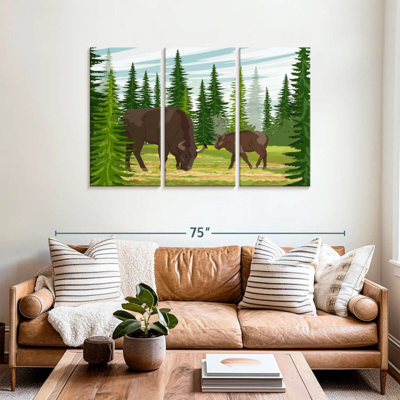 Brampt Grazing Bison And Calf, 36" H x 57" W