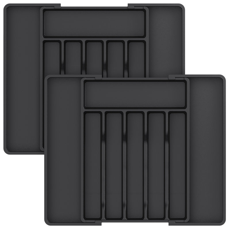 2Pcs Cutlery Drawer Organiser Large, Extendable Cutlery Tray,8 Compartment, Kitchen Drawer Organiser Utensil Spoons Forks Knives, Black