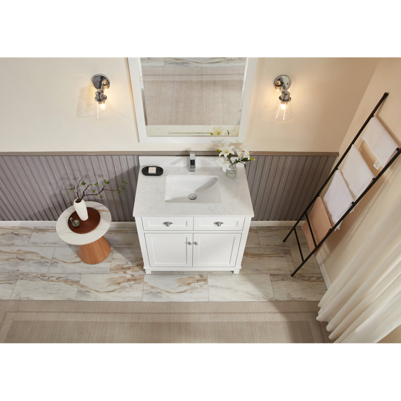 Meuble-lavabo en bois massif 36 po avec comptoir en marbre d'ingénierie 1 po, lavabo simple, Chrome poli, Blanc