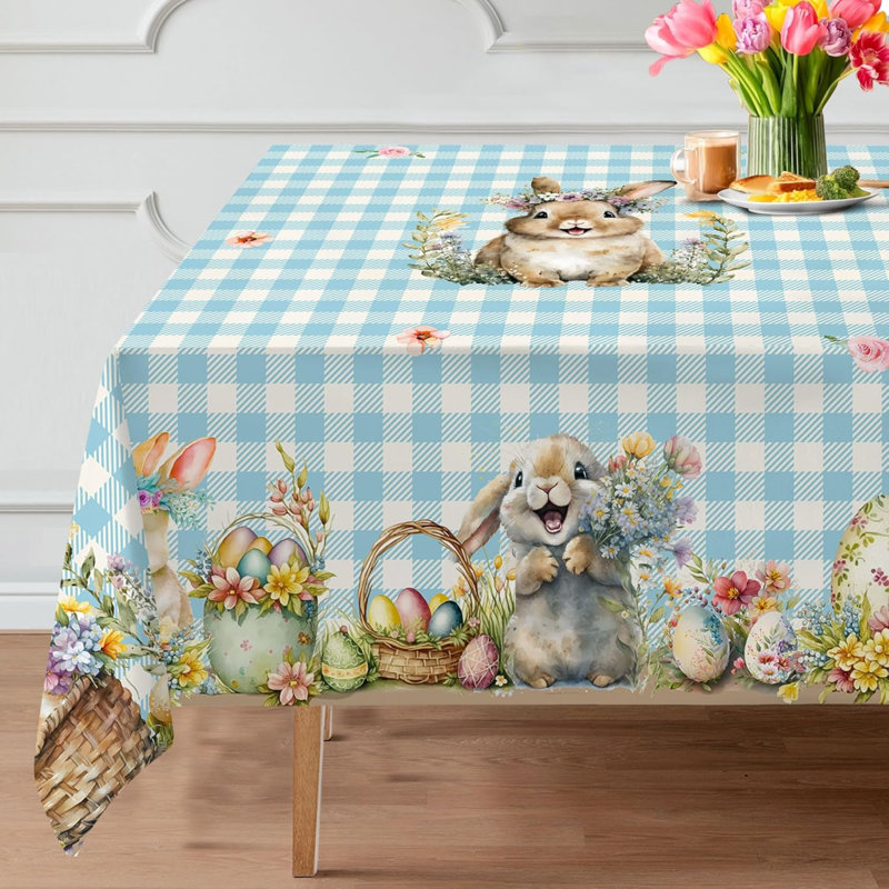 Easter Tablecloth 60X84 Inch Rectangle - Easter Decorations For The Home - Blue Plaid Water Resistant Spring Table Cloth Rectangle For Party,Table,Outdoor