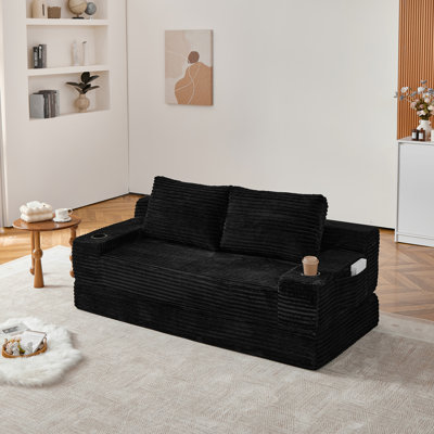 Foldable Convertible Floor Sofa Bed with Cup Holders & Storage Pockets, Corduroy High-Density Sponge Sleeper Sofa, No Assembly Vacuum Packed Lounge Couch for Living Room