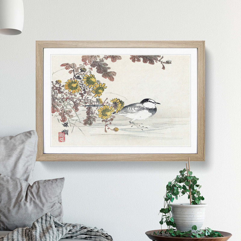 Bird By The Flowers by Kono Bairei - Single Picture Frame Painting, 24cm H x 33cm W x 2cm D, Oak Framed