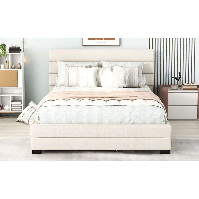 Grand lit tapissier beige avec lit gigogne simple et espace de rangement - 2 tiroirs robustes Classy Choice